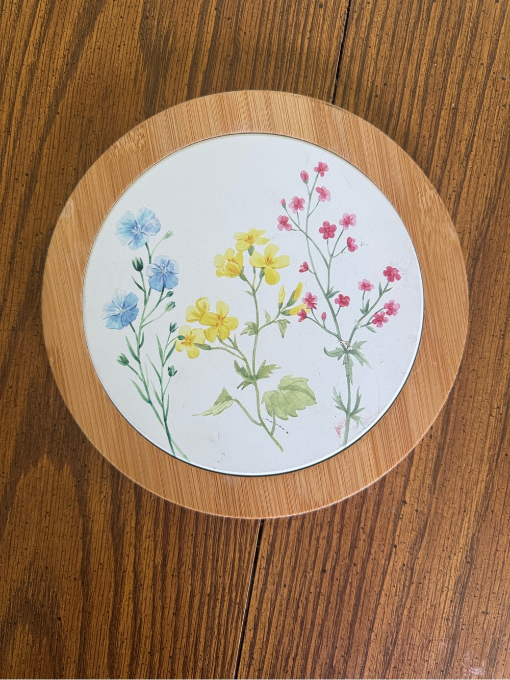 Floral Ceramic Trivet with Wood Frame - Blue Yellow Pink Flowers